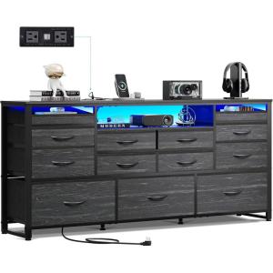 imageWLIVE White Dresser TV Stand for 55 60 65 inch TV Entertainment Center with LED Lights amp Charging Station TV Media Console Table with 13 Fabric Drawers and Open Shelves for Living Room Wood TopCharcoal Black Wood Grain Print