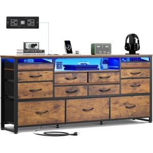 imageWLIVE White Dresser TV Stand for 55 60 65 inch TV Entertainment Center with LED Lights amp Charging Station TV Media Console Table with 13 Fabric Drawers and Open Shelves for Living Room Wood TopRustic Brown