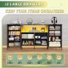 imageWLIVE 755 TV Stand for 65 75 80 85 Inch TV Dresser for Bedroom with Power Outlets amp LED Lights 11 Drawer Fabric Dresser with Open Shelves Entertainment Center with Storage Rustic BrownCharcoal Black Wood Grain Print