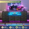 imageWLIVE 755 TV Stand for 65 75 80 85 Inch TV Dresser for Bedroom with Power Outlets amp LED Lights 11 Drawer Fabric Dresser with Open Shelves Entertainment Center with Storage Rustic BrownCharcoal Black Wood Grain Print