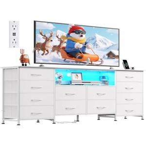 imageWLIVE 755 TV Stand for 65 75 80 85 Inch TV Dresser for Bedroom with Power Outlets amp LED Lights 11 Drawer Fabric Dresser with Open Shelves Entertainment Center with Storage Rustic BrownWhite