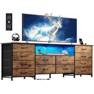 imageWLIVE 755 TV Stand for 65 75 80 85 Inch TV Dresser for Bedroom with Power Outlets amp LED Lights 11 Drawer Fabric Dresser with Open Shelves Entertainment Center with Storage Rustic BrownRustic Brown