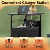 imageWLIVE Nightstand Set of 2 with Charging Station End Table Sets with LED Lights 2 Fabric Drawers and Open Shelf Bed Side Tables Living Room Small Space Night Stand for Bedroom WhiteBlack