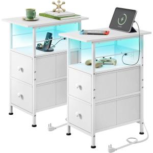 imageWLIVE Nightstand Set of 2 with Charging Station End Table Sets with LED Lights 2 Fabric Drawers and Open Shelf Bed Side Tables Living Room Small Space Night Stand for Bedroom WhiteWhite