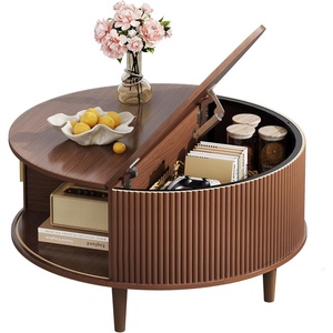 image:imageWLIVE Coffee Table 315 Round Coffee Tables with Storage and Sliding Cabinet Door Mid Century Modern Fluted Center Table for Living Room Small Space Walnut BrownWalnut Brown