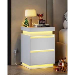 image:imageWLIVE White Nightstand with Charging Station and LED Lights Bedside Table with 2 Wooden Drawers and Sliding Top Modern End Table Side Table for Bedroom Living Room Office