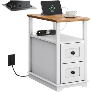 image:imageWLIVE End Table with Charging Station Narrow Side Table for Living Room Farmhouse Nightstand with Storage Small Wooden Cabinet with USB Ports and Outlets for Living Room and Bedroom CherryWhite