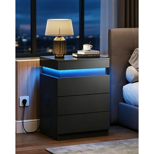 image:imageWLIVE Black LED Nightstand with Charging Station Modern Night Stand with 3 Drawers and Sliding Top Bedside Table End Table with Hidden Space for Bedroom Living Room Black