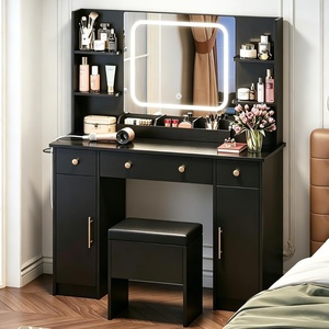 image:imageWLIVE Black Vanity Desk with LED Mirror amp Music Sync RGB Lights Makeup Vanity Table with Chair 3 Adjustable Light Modes Charging Station amp Large Storage Dressing Table for Women Girls Bedroom