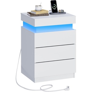 image:imageWLIVE Nightstand Set of 2 with Charging Station amp LED Lights Modern Night Stand with 3 Drawers and Sliding Top Bedside Table End Table with Hidden Space for Bedroom Living Room BlackWhite With 3 Drawers