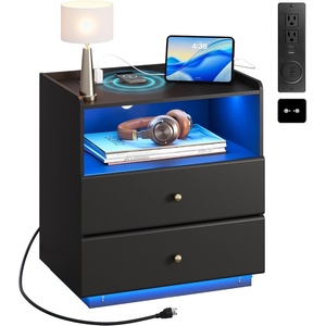 image:imageWLIVE LED Nightstand with Wireless Charging Station Motion Sensor LED Bedside Table 2 Drawers and 1 Open Storage Shelf Modern Night Stand for Bedroom amp Gaming Room BlackBlack