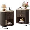image:imageWLIVE Fluted Nightstand Set of 2 with Charging Station Mid Century Modern Wood Night Stand with Marble Top 2 Drawers OpenStorage End Table for Living Room Natural OakWalnut