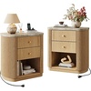 image:imageWLIVE Fluted Nightstand Set of 2 with Charging Station Mid Century Modern Wood Night Stand with Marble Top 2 Drawers OpenStorage End Table for Living Room Natural OakNatural Oak