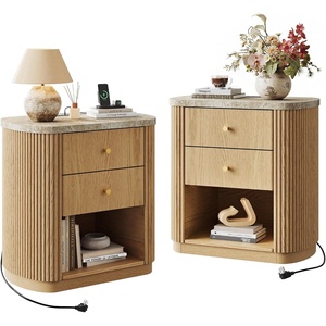 image:imageWLIVE Fluted Nightstand Set of 2 with Charging Station Mid Century Modern Wood Night Stand with Marble Top 2 Drawers OpenStorage End Table for Living Room WalnutNatural Oak